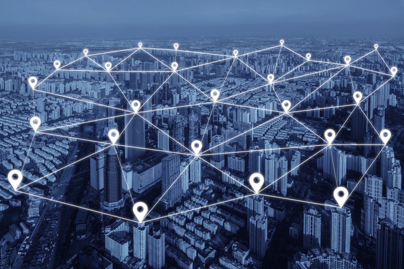 Map pin flat of network connection in city. Network connection